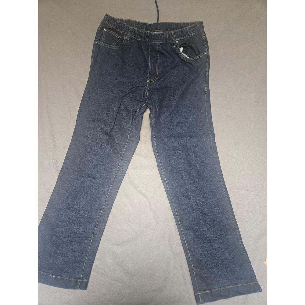 Mens Dark Wash Indigo Elastic Waist Drawstring Straight Leg Denim Jeans 37x31